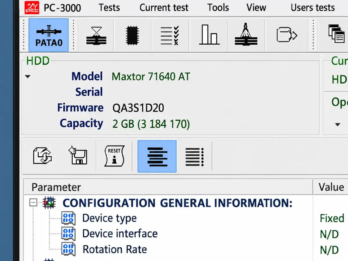 PC-3000 initial hard drive evaluation showing model, firmware and drive information