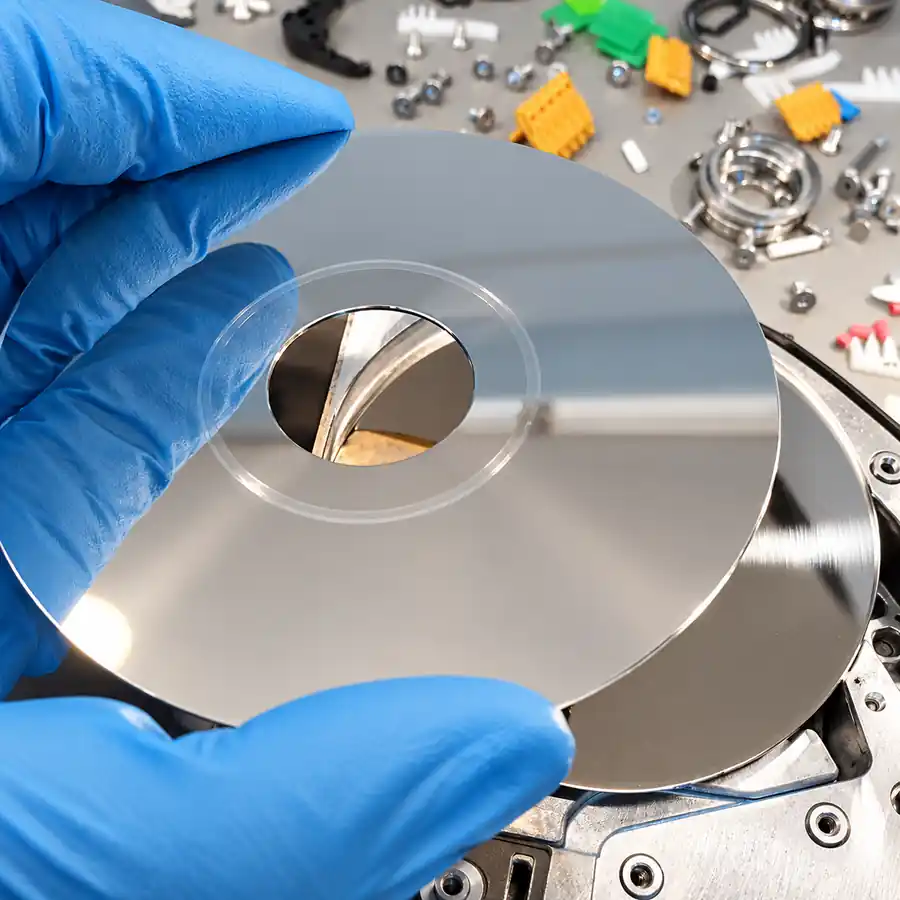Hard drive platter being inspected in the Aesonlabs data recovery lab