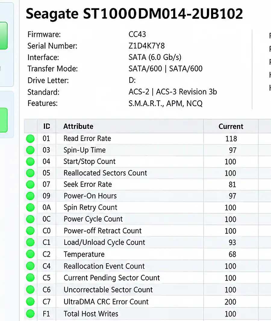 Close-up SMART attribute analysis for a hard drive