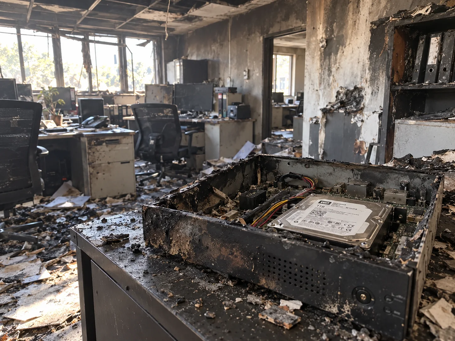 Burned office with a fire-damaged DVR opened to expose the hard drive inside