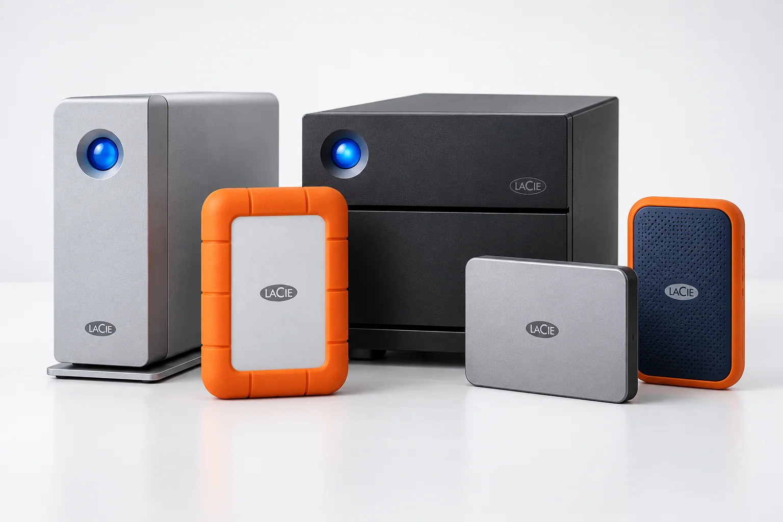 Different LaCie external storage enclosures representing modern and legacy product generations