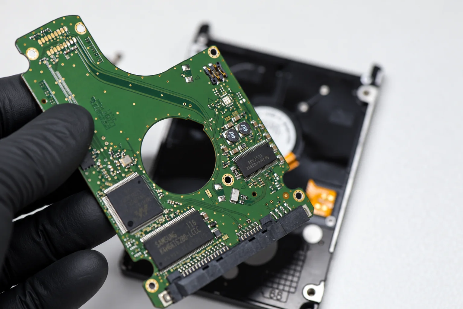 Samsung hard drive PCB and donor board prepared for firmware and electronics recovery