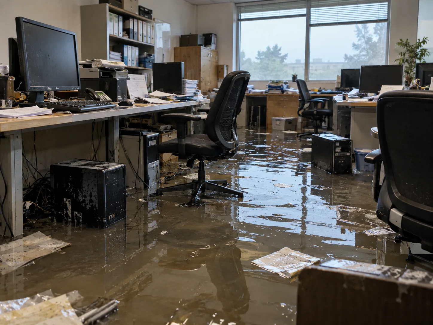 Flooded office with water-damaged desktop computers and storage equipment