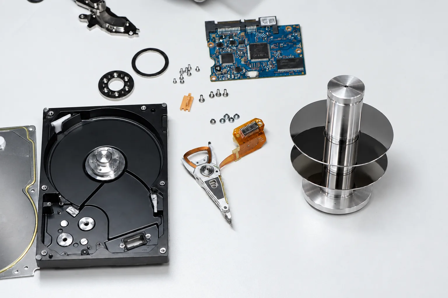 Two cleaned hard drive platters staged on a platter holder beside a disassembled drive for controlled reconstruction