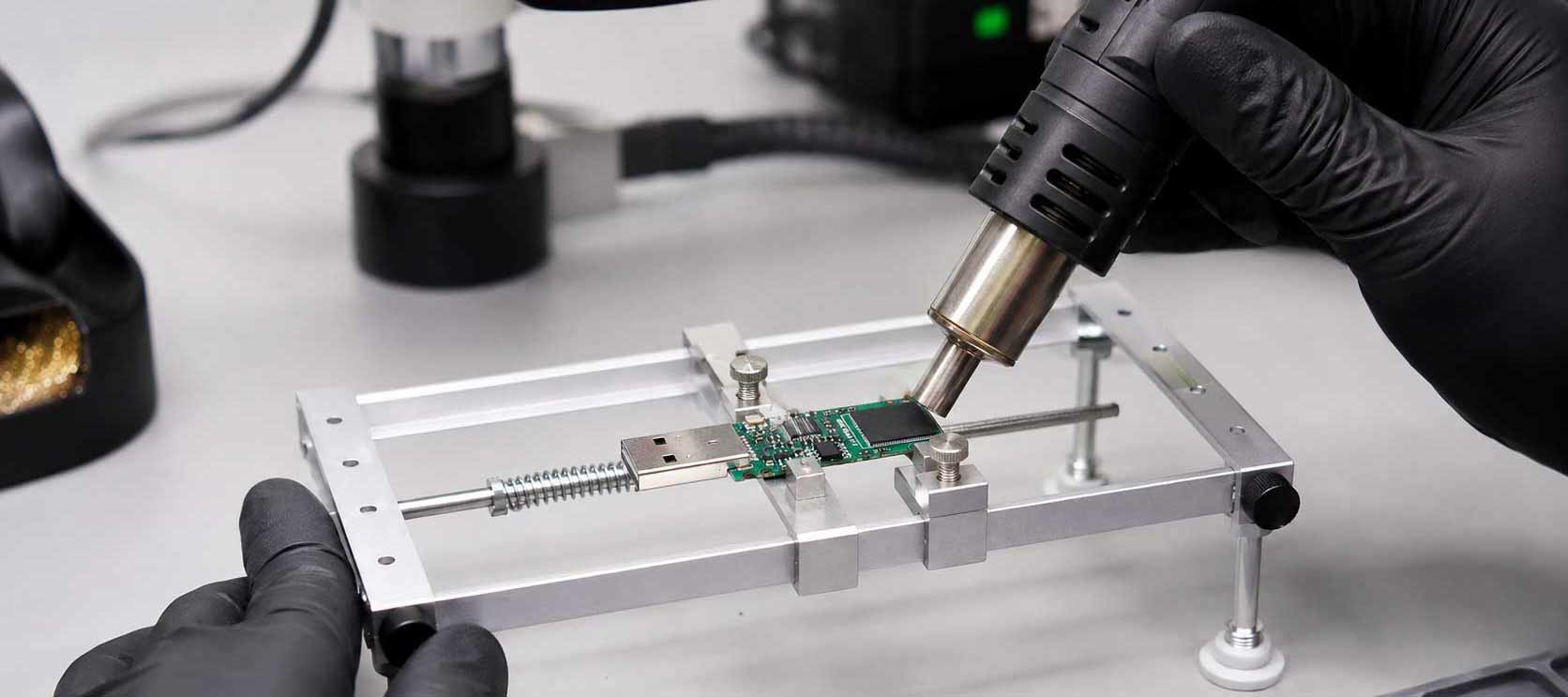 Black-gloved engineer removing a NAND flash chip from a USB drive using controlled hot-air rework