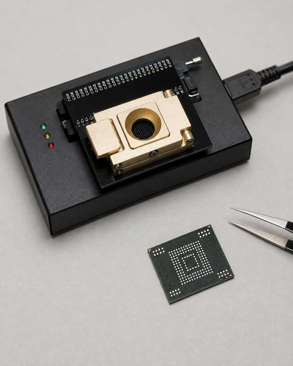 Prepared underside of a removed surface-mount NAND flash package showing contacts for a Rusolut reader adapter