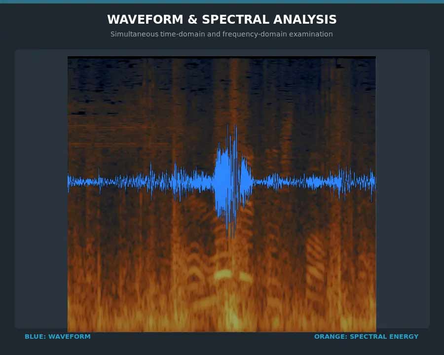 Combined waveform and spectrogram used to examine dialogue timing and spectral energy
