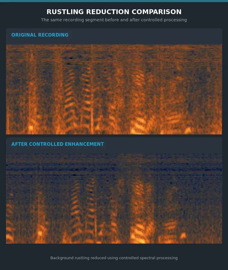 Before-and-after spectrogram comparison showing controlled reduction of background rustling