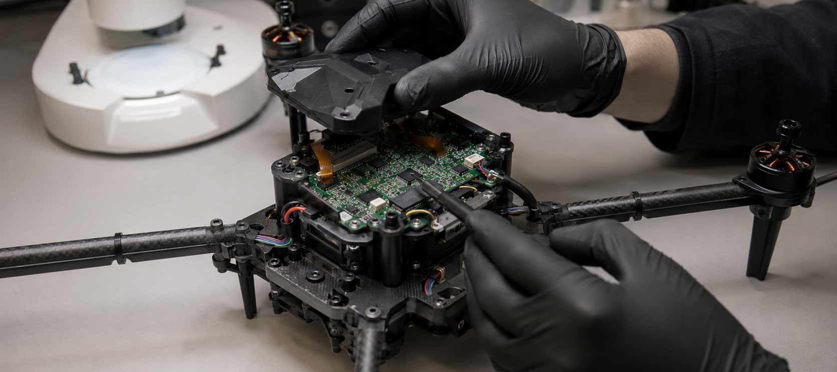 Engineer examining embedded NAND storage and test points on a proprietary electronic device