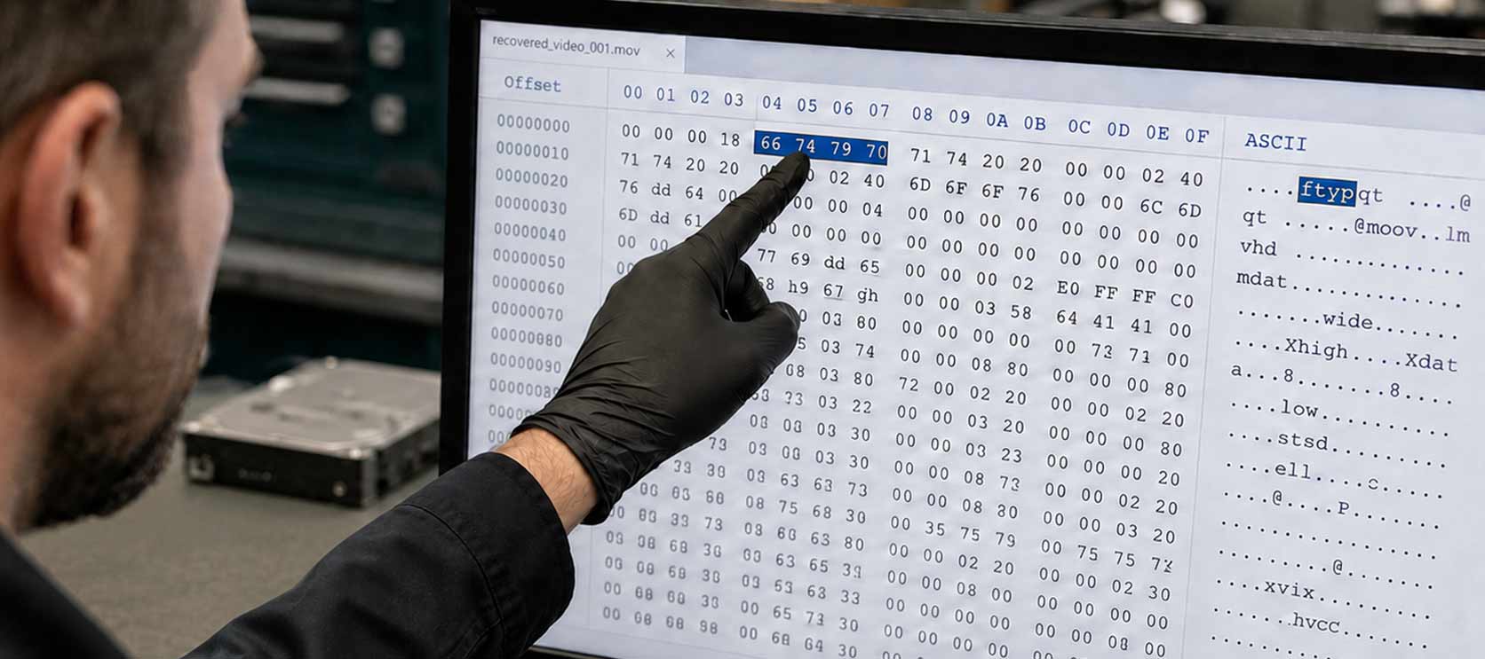 Engineer analyzing fragmented files and storage allocation data at a recovery workstation