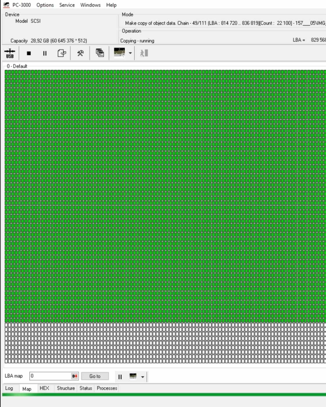 PC-3000 Flash block map showing a physical NAND memory acquisition