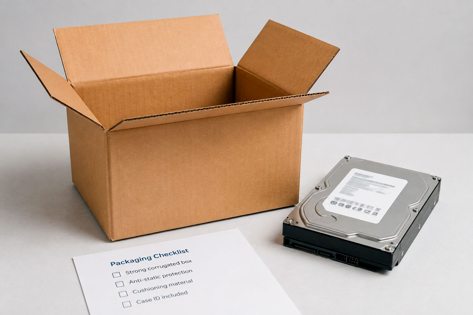 Storage media beside a rigid corrugated shipping box ready for packing