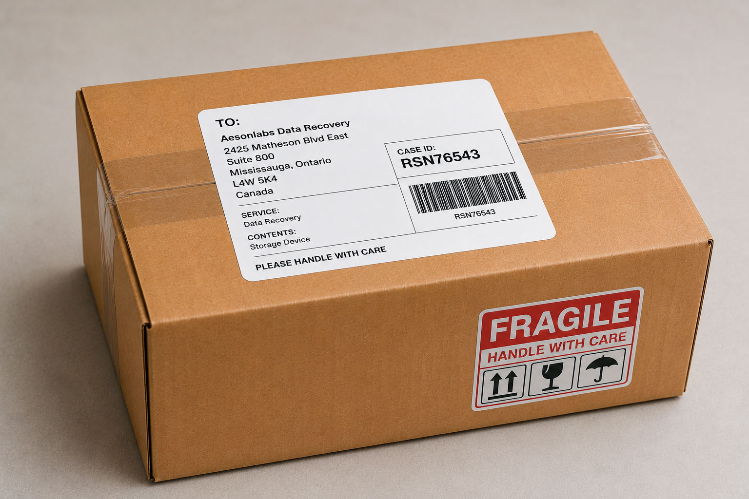 Sealed shipping box prepared for courier pickup
