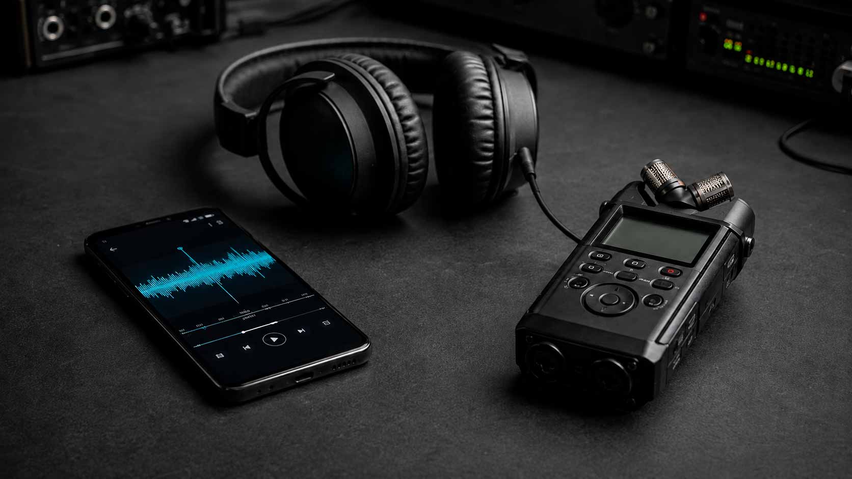 Two recording sources and monitoring headphones prepared for voice and speaker comparison