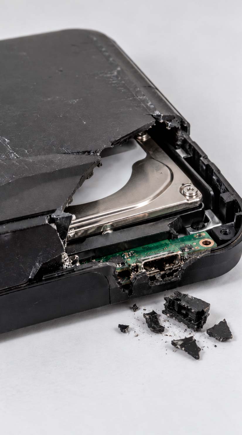 Dropped external hard drive with a cracked enclosure and damaged USB interface