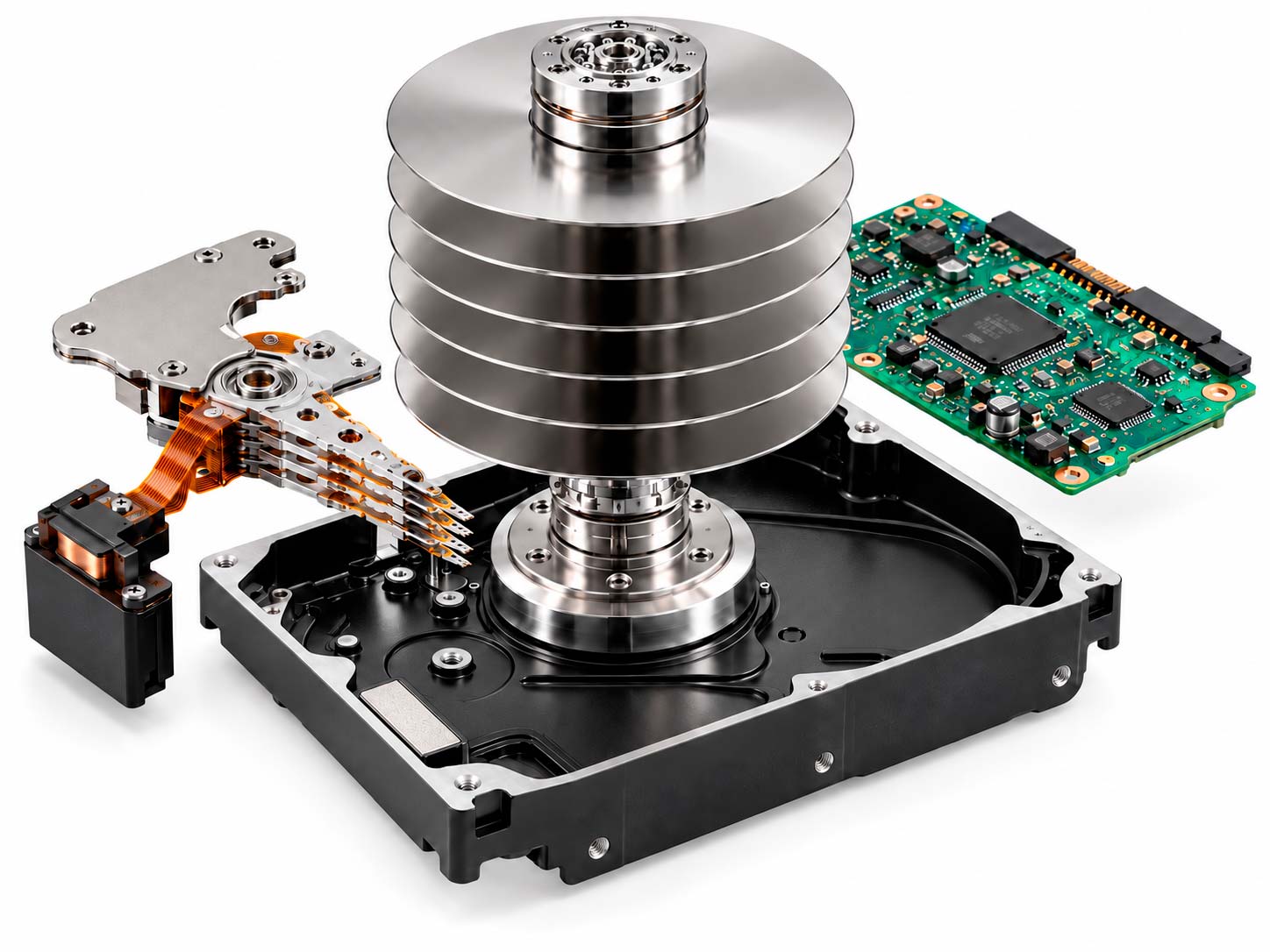 Exploded hard drive showing platters, head assembly, drive body and circuit board